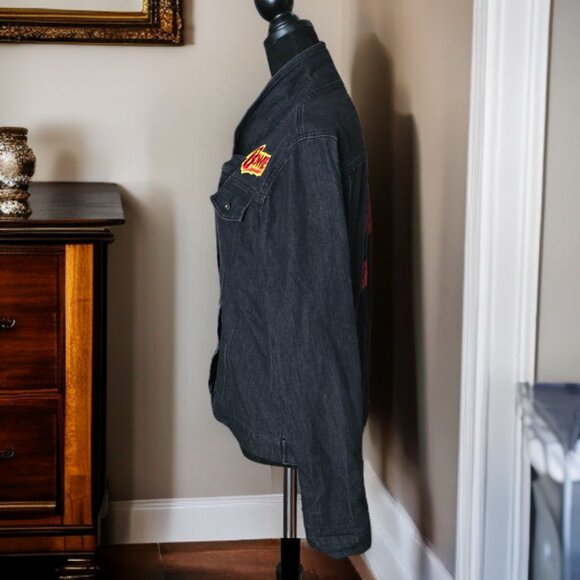 NEW BOWIE (LG) Black Denim Embroidered Metal Button Up Stretch Bomber Jacket - Picture 3 of 10